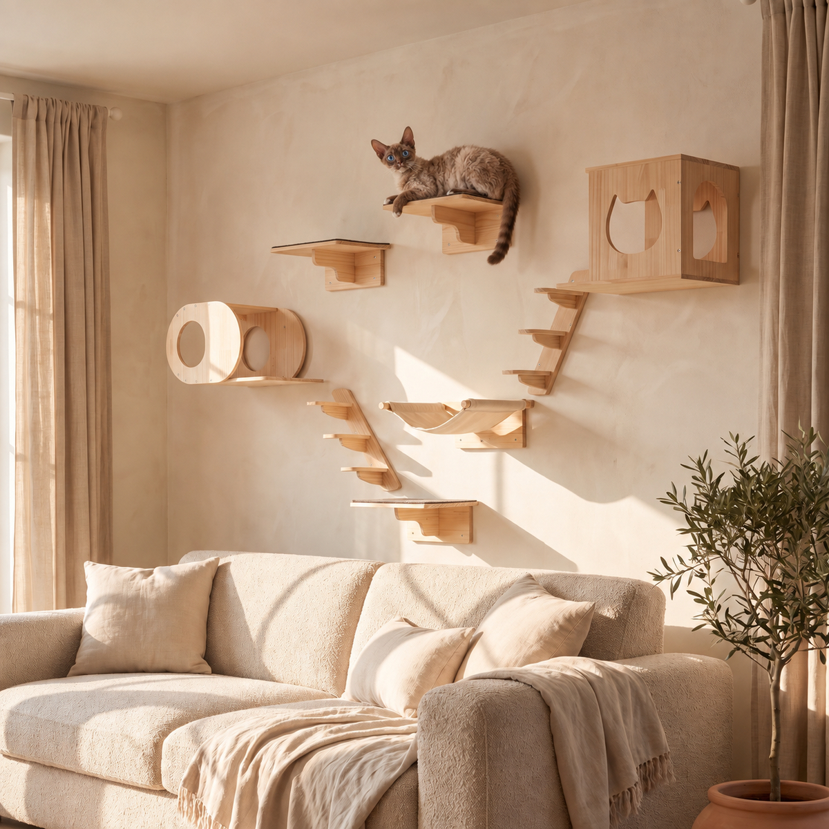 A silver tabby on wall-mounted wooden cat shelves above a sofa