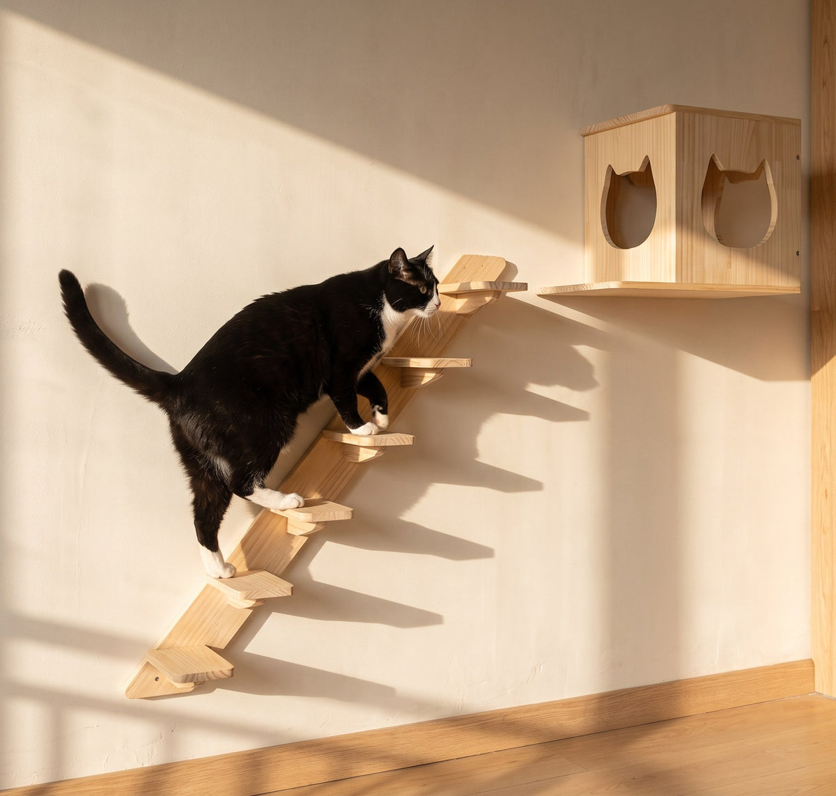A tuxedo cat climbing wall-mounted wooden steps toward a cat cubby