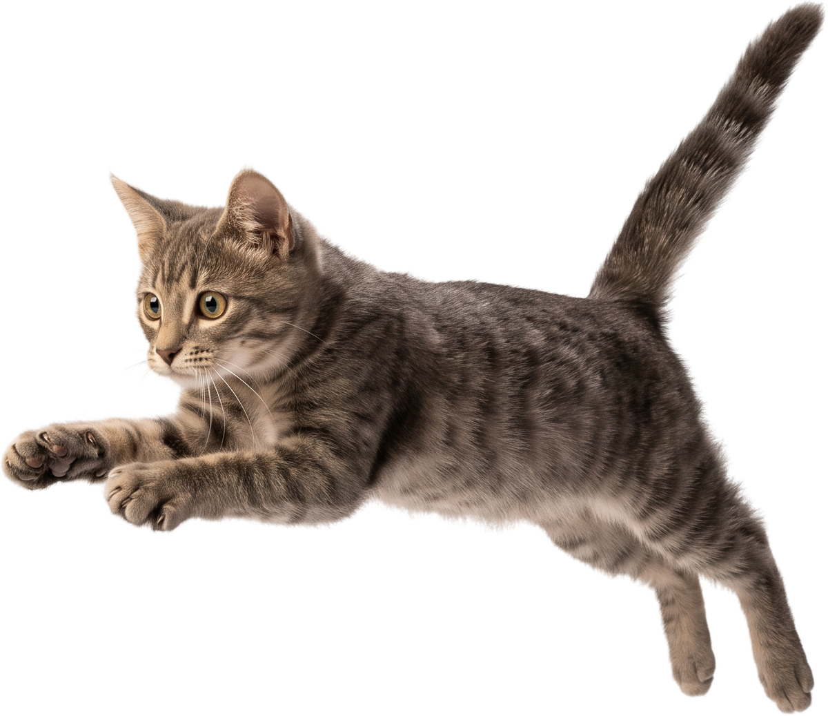 A grey tabby kitten mid-pounce