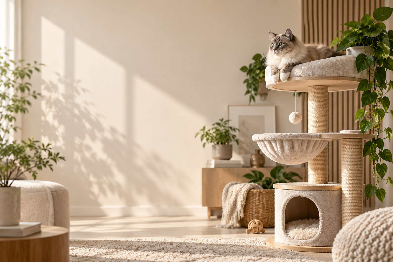A cat relaxing on a cat tree in a sunlit living room