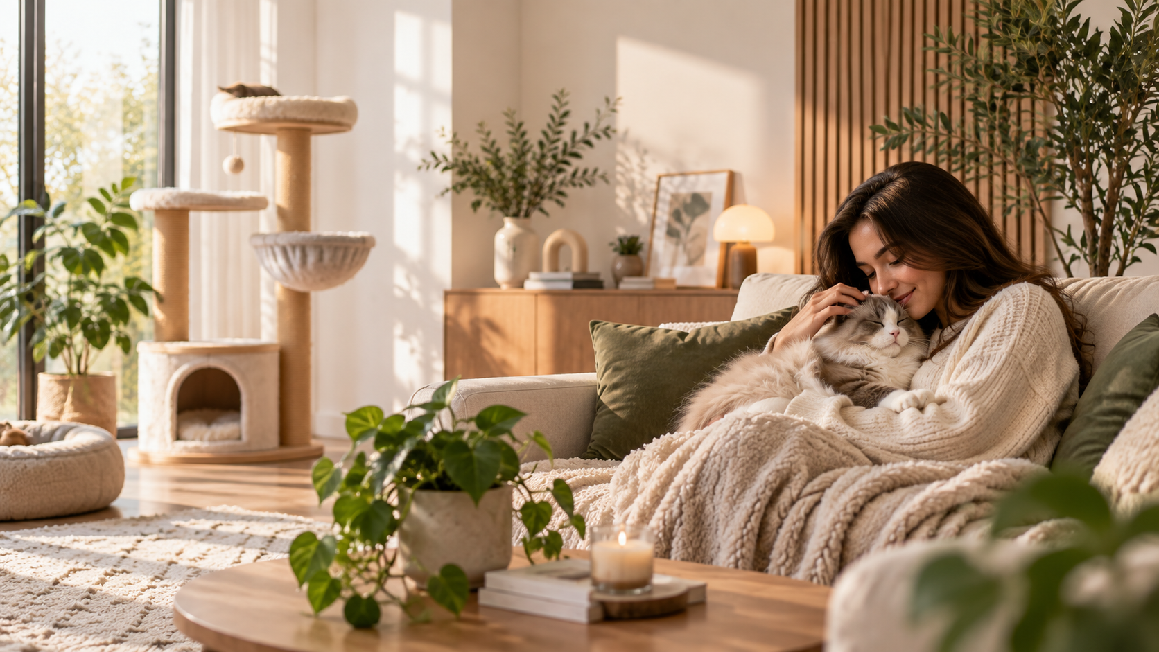 A woman cuddling her fluffy cat on a cream sofa